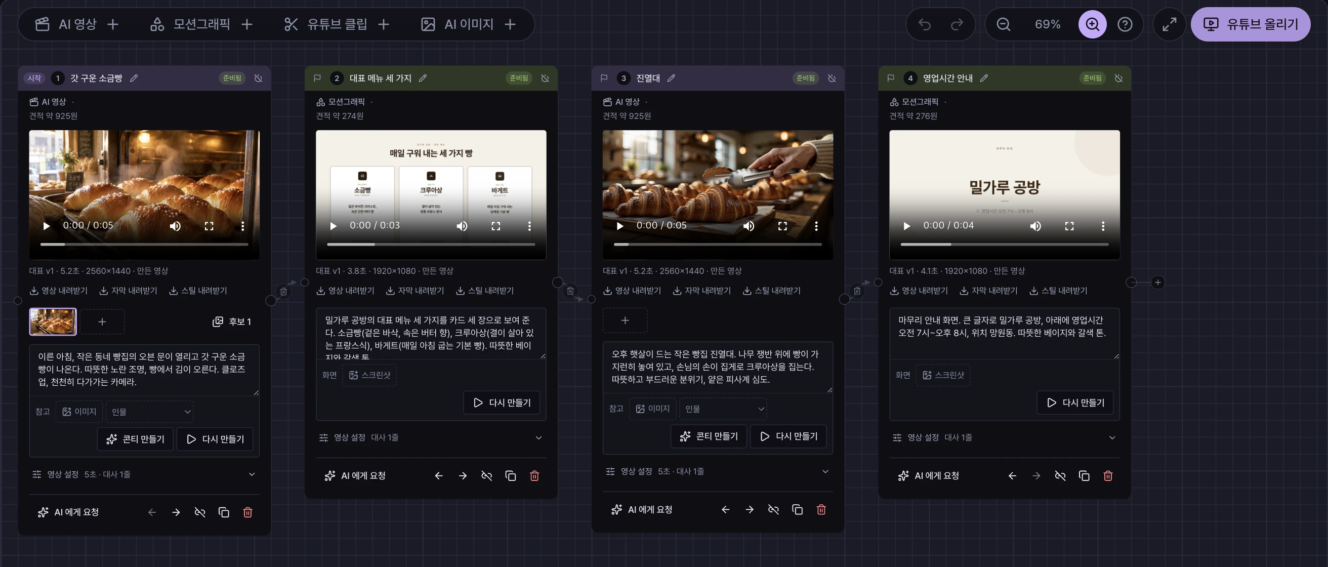 캔버스 위쪽에 AI 영상, 모션그래픽, 유튜브 클립, AI 이미지 추가 버튼과 실행 취소, 배율, 넓게 보기, 컷 합치기 버튼이 있다.