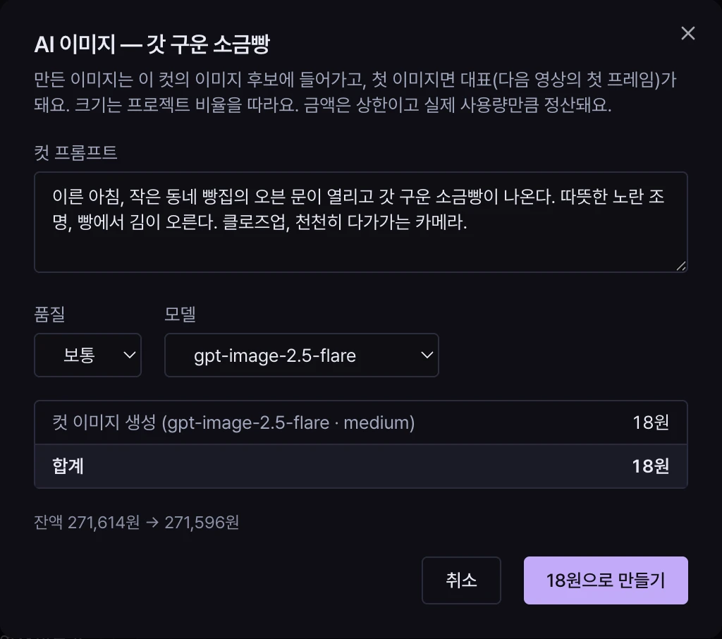 AI 이미지 만들기 창. 컷 프롬프트, 품질 보통, 모델 칸과 컷 이미지 생성 18원, 잔액 변화, 18원으로 만들기 버튼.
